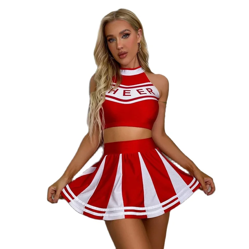 Cheerleader Uniform Women Adults  Performance Outfit Japanese Schoolgirl Cosplay Costume Sleeveless Crop Top Mini Pleated Skirt