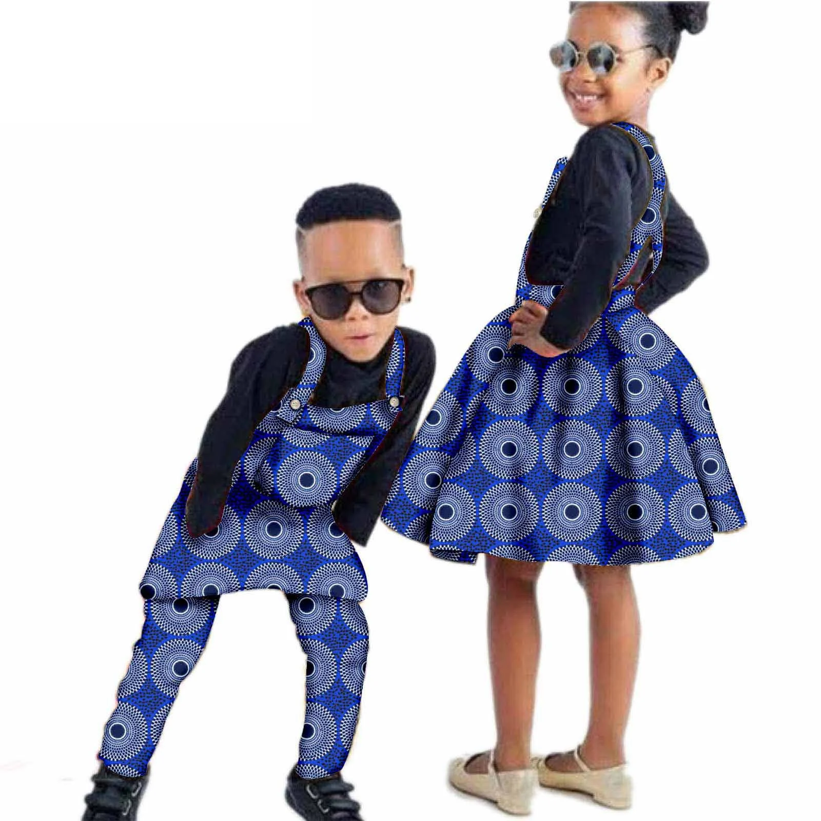 

African Children Clothing Wax Print Ankara Boy Suspender Trousers And Girl Suspender Skirt 100% Cotton African Clothes for Kids