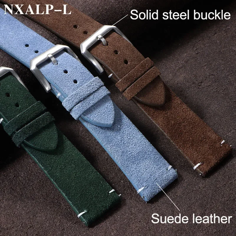 수제 스티치 스웨이드 가죽 시계 밴드 20mm 22mm 빈티지 소 가죽 팔찌 남성 여성 유니버설 액세서리 퀵 릴리스