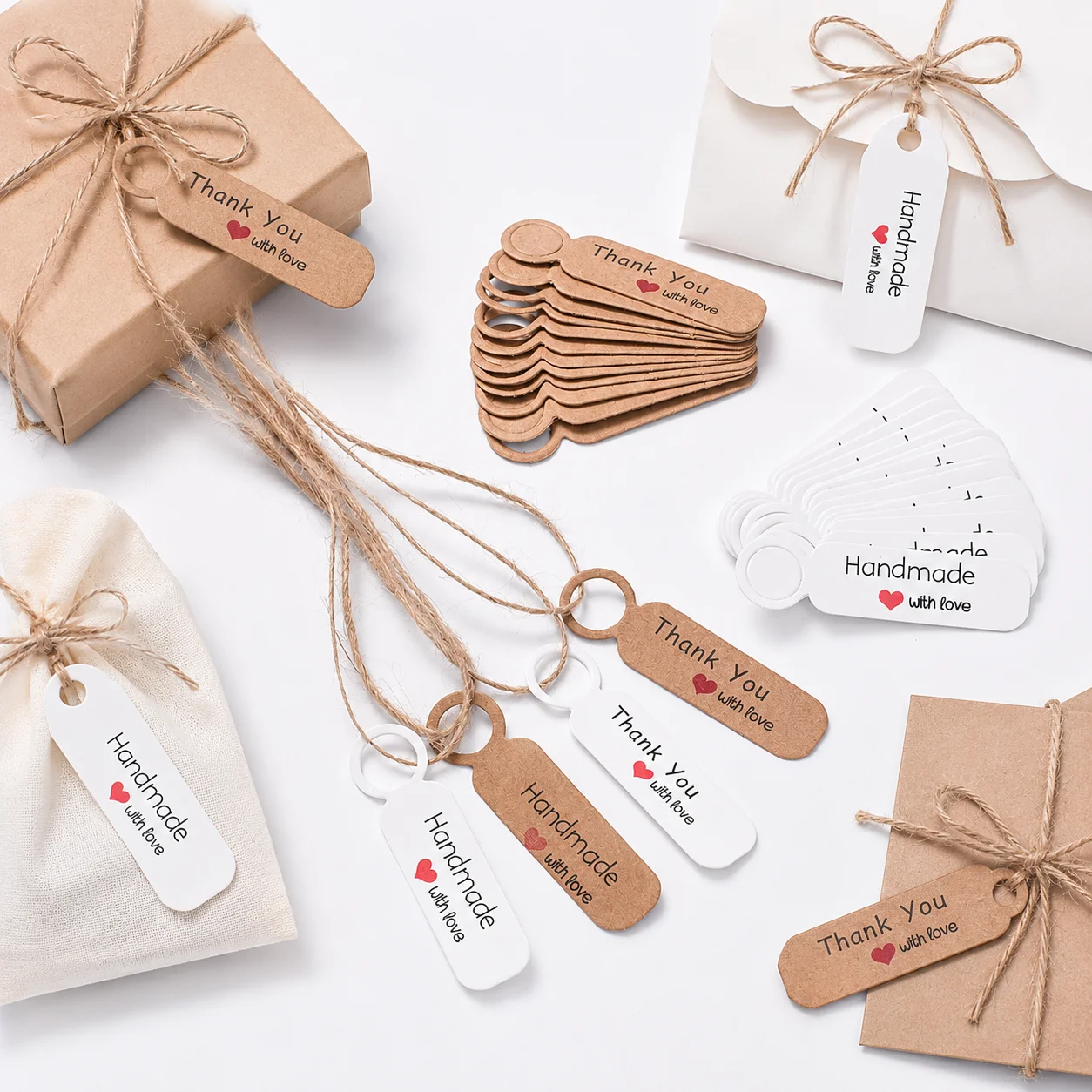 100 Stück Backetikettenkarten „Handgemacht mit Liebe“ „Danke“ – Kraftpapier, weiß – Ideal für Backwaren und Geschenkverpackungen mit Perlen – Detail 3