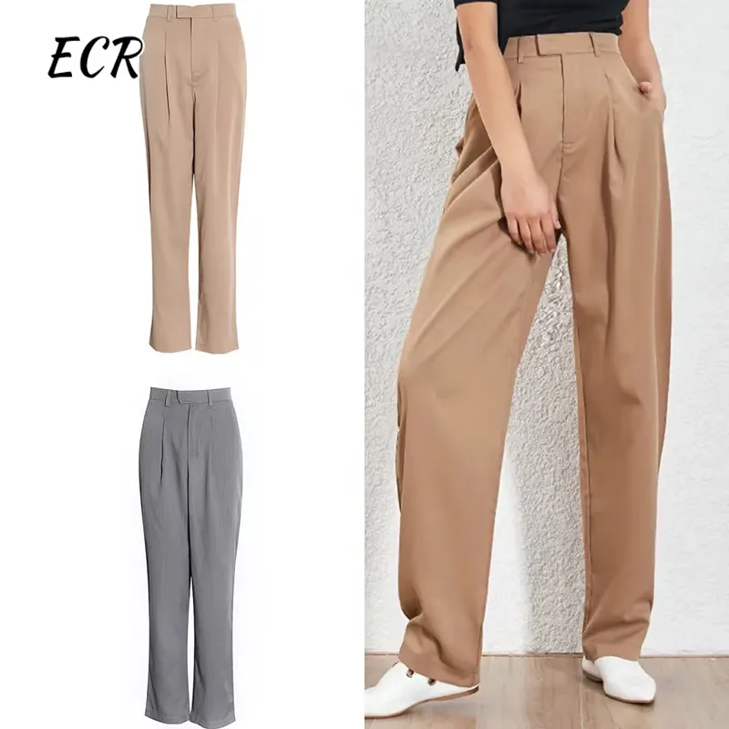 

ECR High Waist Casual Straight Wide Leg Pants For Women High Waist Loose Solid Minimalist Trousers Female Fashion Clothing New