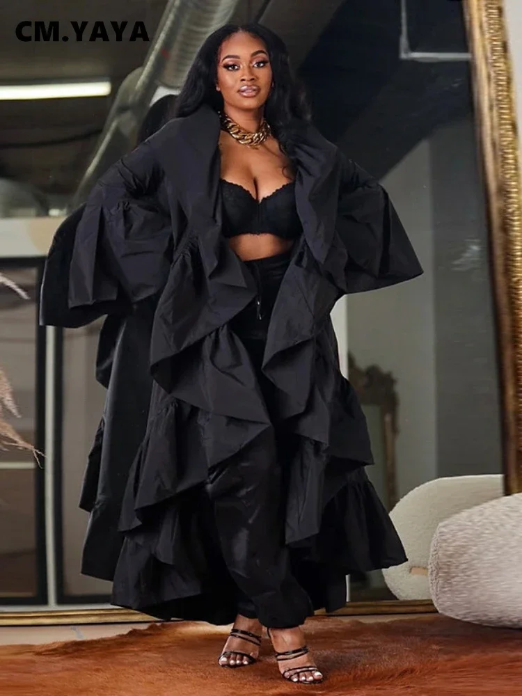 Women Vintage Ruffles Side Flare Batwing Long Sleeve Open Stitch Streetwear Black Maxi Trench Jackets