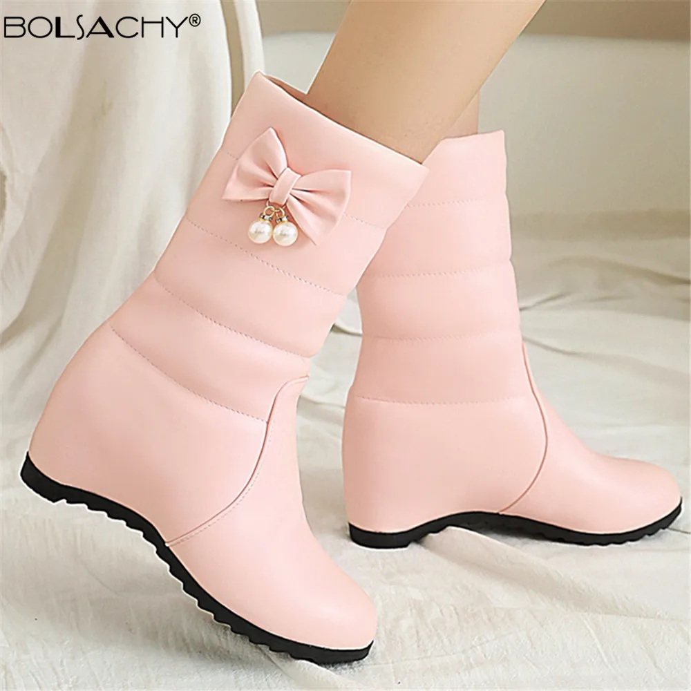 Women Boots Winter Plush Warm Height Lncreasing Mid-Calf Snow Boots Round Toe Bow Pearl 2022 New Fashion Pink White Beige 33-43