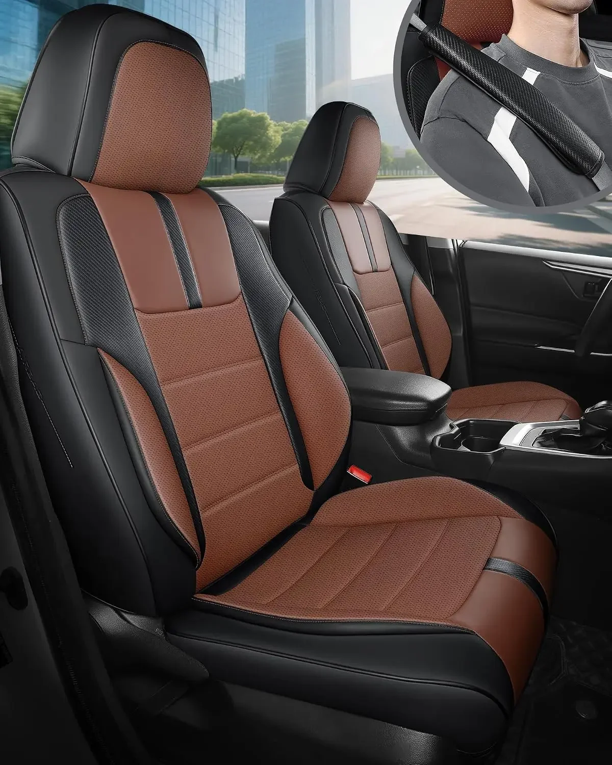 Seat Covers Full Set for Cars Trucks SUV, BlackBrown | Universal Fit, with Seat Belt Pads, Faux Leather, Airbag Compatible