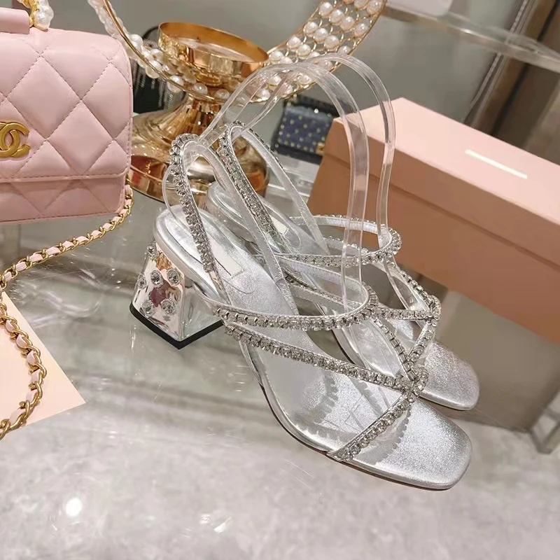 New Square Headed Rhinestone Sandals with Open Toe Sexy One Piece Strap Thick Heels and Silver High Heels