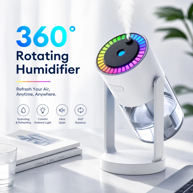 360° Rotatable Humidifier Mini USB Ultrasonic Humidifier RGB Color Atmosphere Light Car Desktop Portable Mist Maker