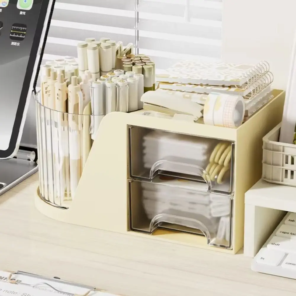 

360 Degree Rotating Desk Organizer Multi-Functional 6 Slots Pencil Pen Holder 4 Compartments with 2 Drawer Desktop Storage Box