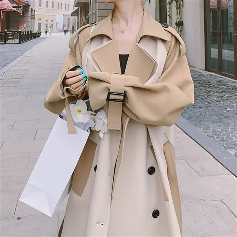Fashion Temperament Windbreaker Women's Mid length 2026 Autumn New Slim Contrasting color Splicing Knee high Coats With belt