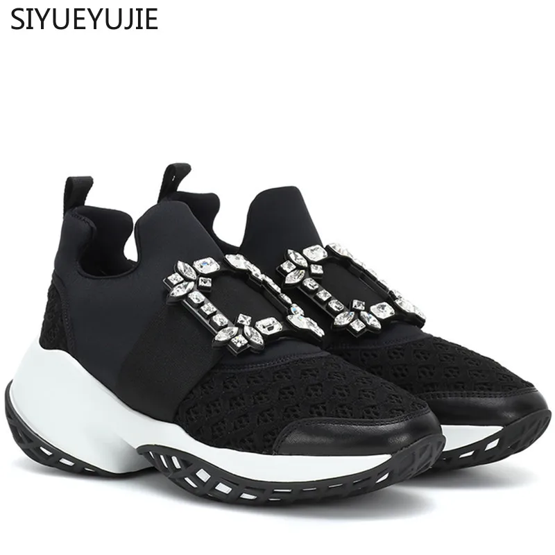 Black New Air Mesh Crystal Trainers Creeper Sneakers Women Casual Shoes Thick Bottom Platform Rhinestone Tenis Feminino