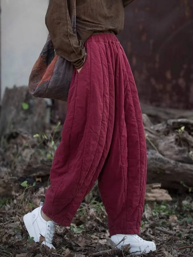Thiened Cotton Linen Casual Pants Women's Winter New Sle Zen Tai Chi Pants Warm Elastic Waist Long Pants High Waist