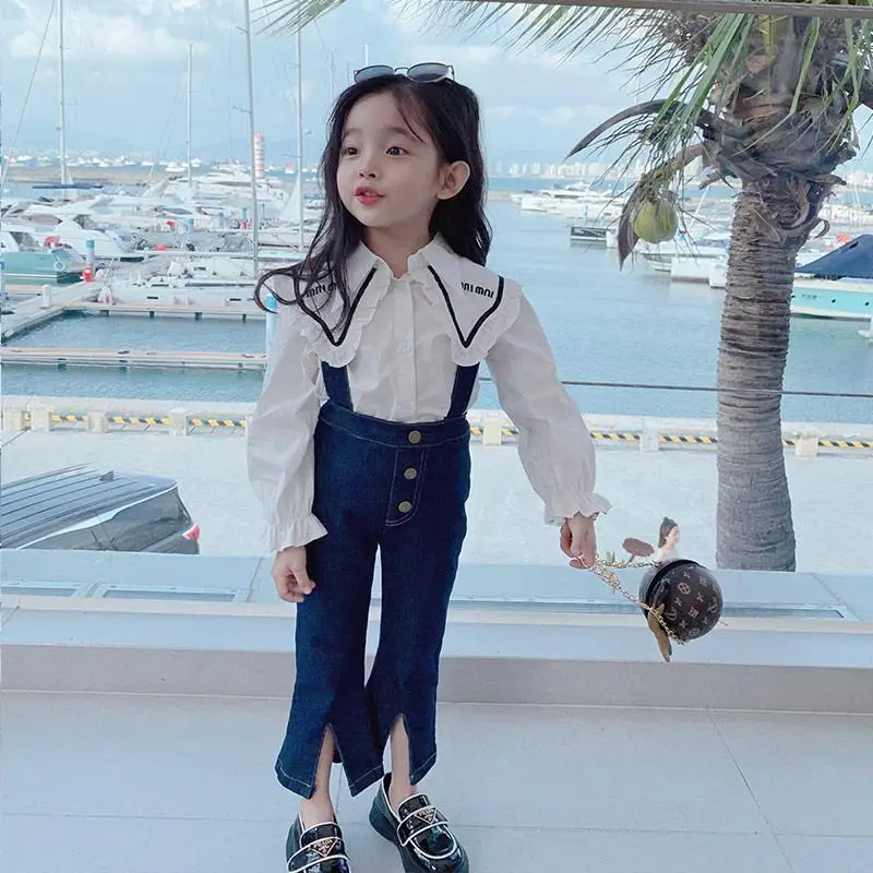 

Girls' Suit 2022 New Children Western Style Shirt Long Sleeve Little Girl Baby Fashionable Suspender Pants Two-Piece Set