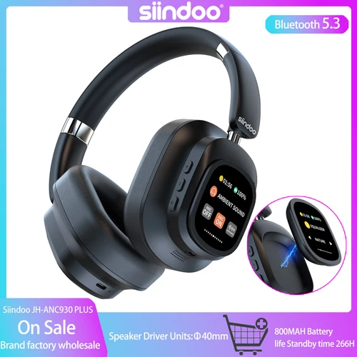 Siindoo JH-ANC930Plus Auriculares inalámbricos híbridos, auriculares con cancelación activa de ruido con pantalla LED de control táctil multimagnético