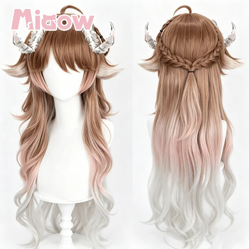 Game Arknights Eyjafjalla Cosplay Wig, Pre‑Styled Gradient Brown White Long Wavy Wig, Heat Resistant Synthetic Hair for cosplay