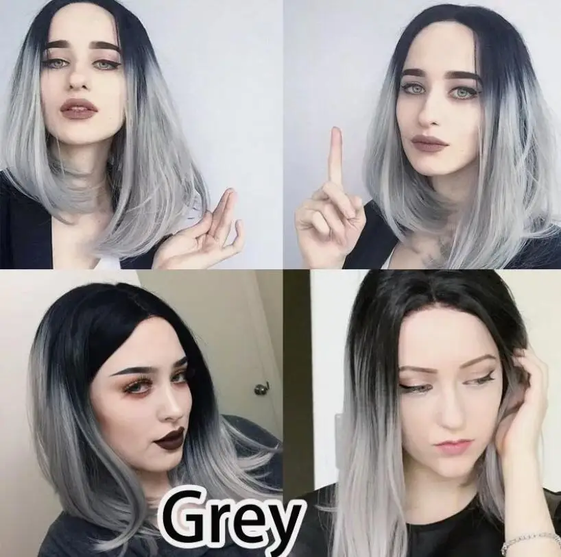 Pelucas cortas y rectas de corte Bob, pelo sintético de color gris degradado, sin encaje, para fiesta y Cosplay