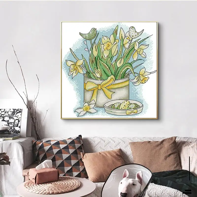 Daffodils and Birds Animal Flower Pattern Cross Stitch Kit 14 16 11ct Counted Canvas Printed Fabric Embroidery Home Decor Crafts