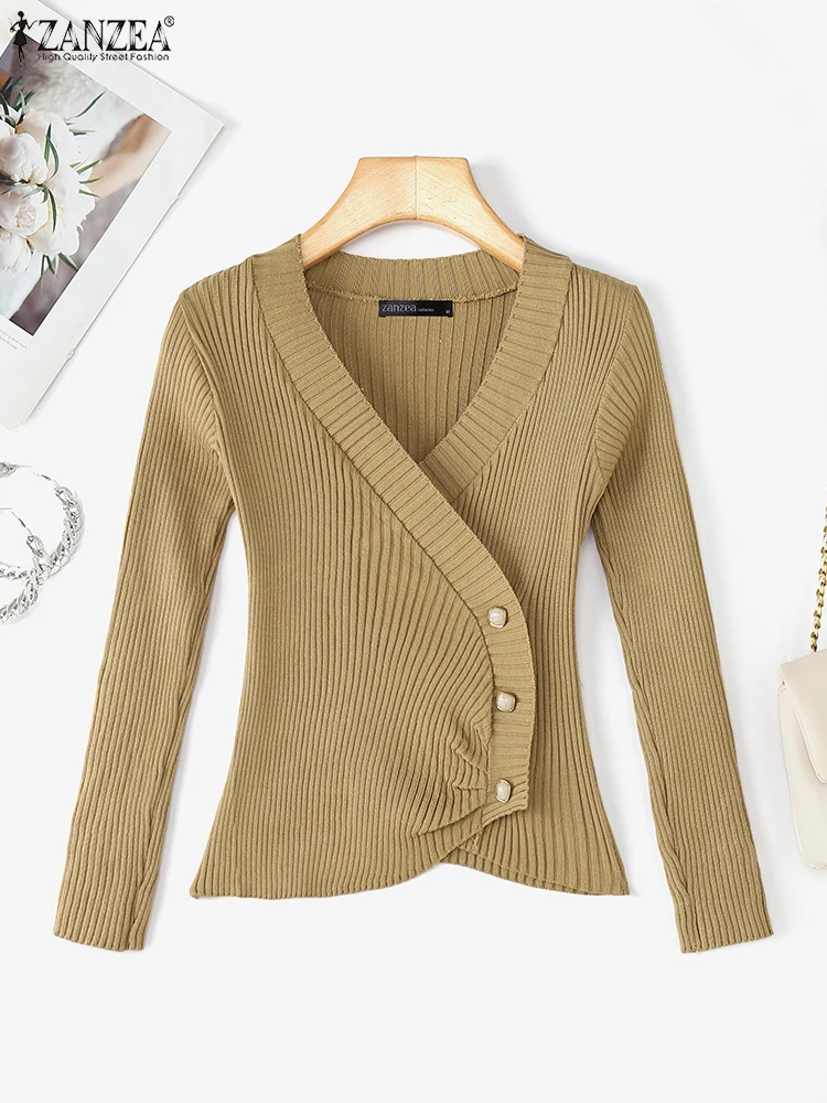 

ZANZEA 2022, осенний вязаный пуловер, свитера, женский стильный свитер-футляр с v-образным вырезом и длинными рукавами, повседневные однотонные облегающие джемперы