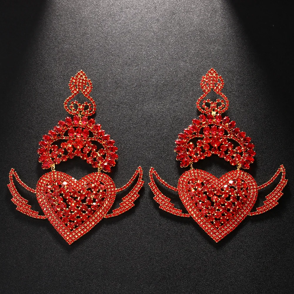 Exaggerate Red Angel Wings Heart Earrings Temperament Accessories Fashion Trend Large Rhinestone Hanging Earrings for Women Gift