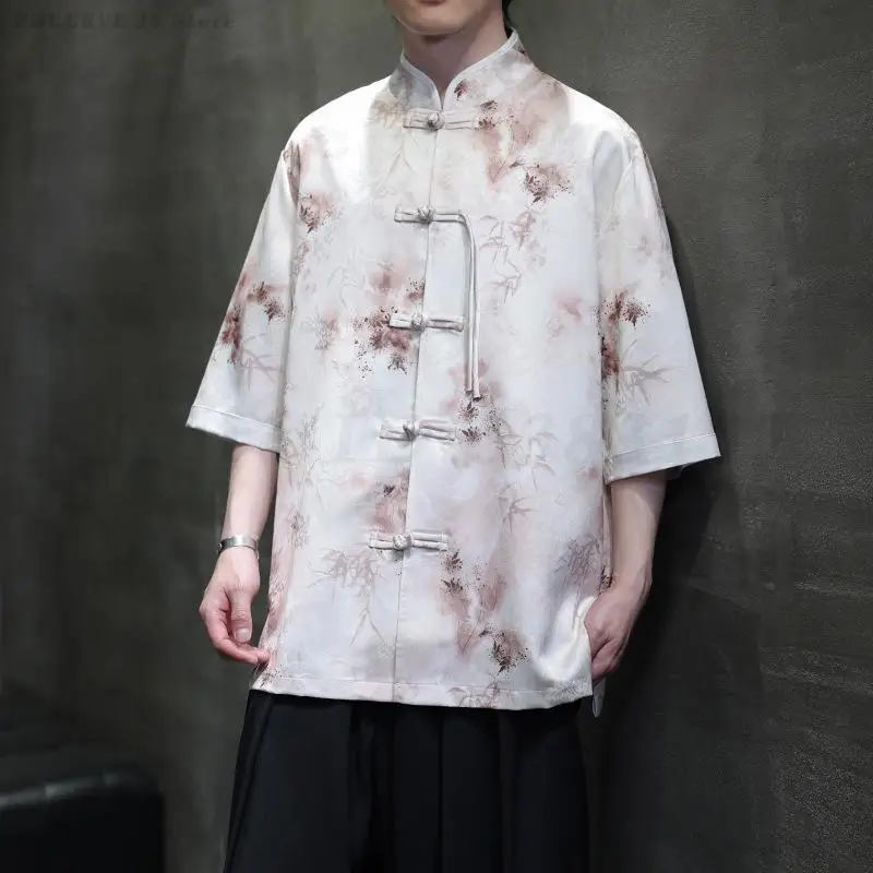Summer Printed Shirt Jacket New Chinese Style Stand Up Collar Tang Clothes Retro Button Up Blouse Men's Large Size 5XL Hanfu