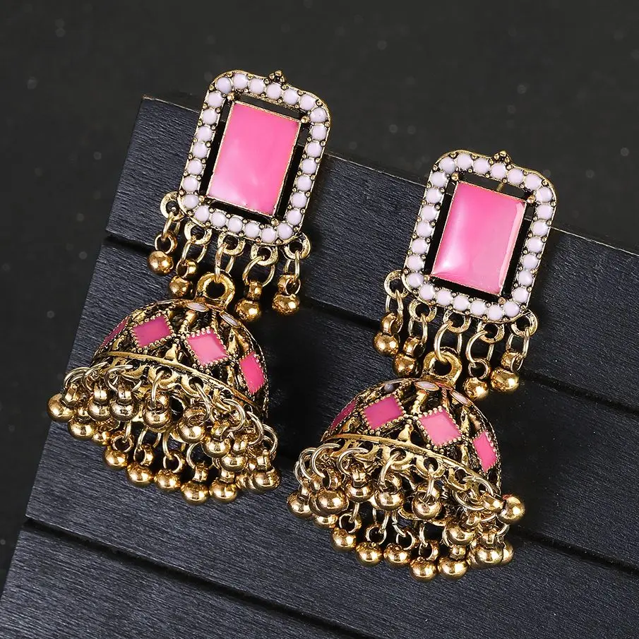 Indian Jewelry Jhumka Dangle Earrings Bohemian Retro Square Lantern Tassel Drop Earring Female Fashion Wedding Ear Jewelry