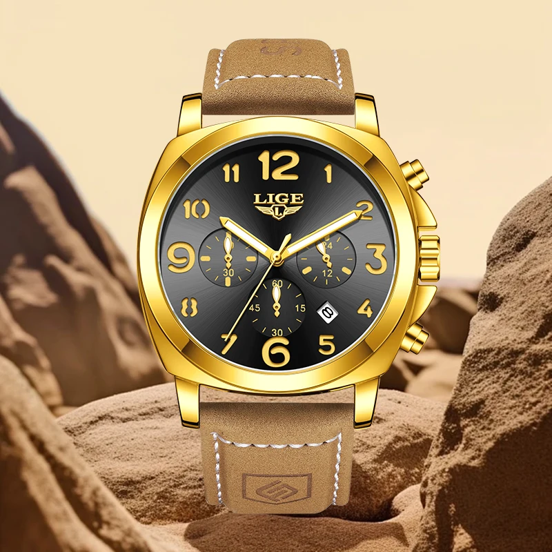 LIGE Fashion Street Style Man Watch Casual Sport Leather Strap Military Waterproof  Auto Date Quartz Watches for Men Chronograph