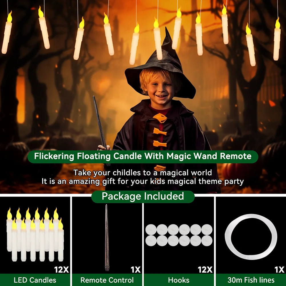 Set of 12/24 Hanging Floating Candles with Magic Wand LED Flickering Candles Flameless Battery Operated for Halloween Xmas Party