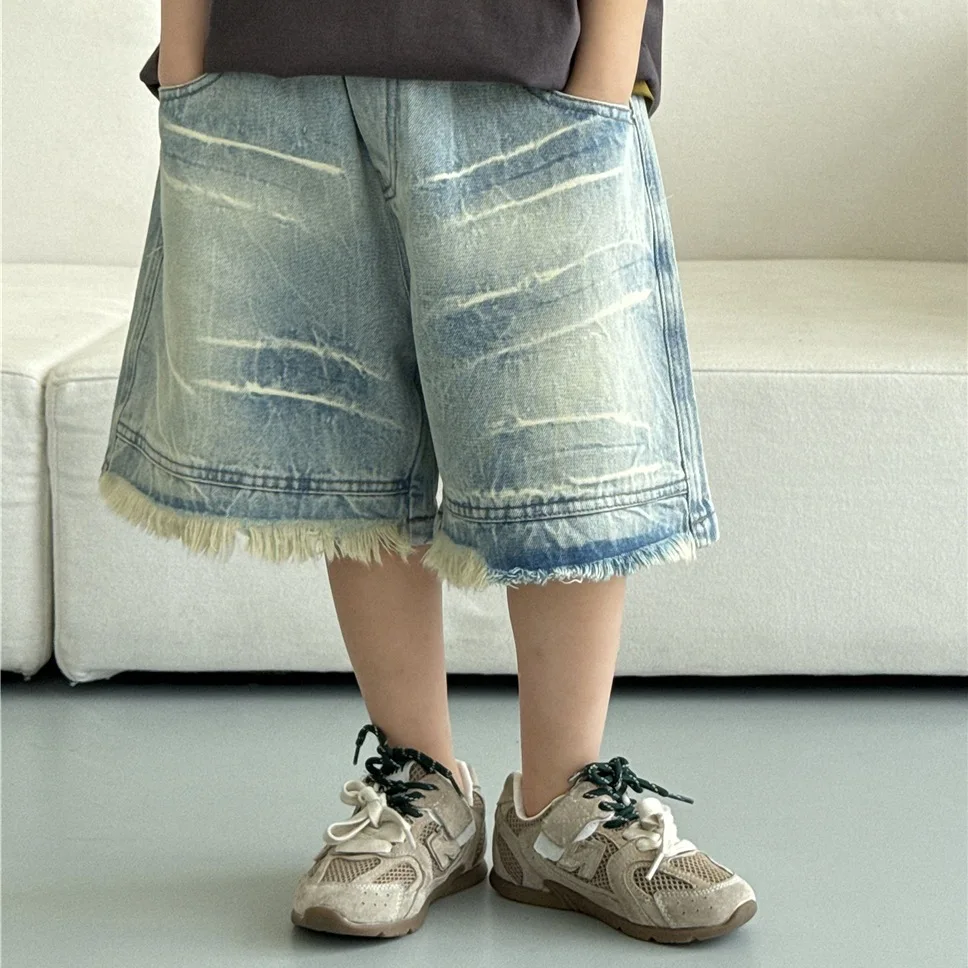 

2025 Summer New Children's Pants Children's Shorts Corrugated Raw Denim Shorts