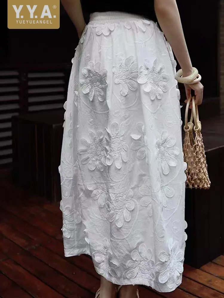 

Hot Sale Women Summer Fashion Embroidered Flower Elastic Waist Skirts A-line Ankle Length Sweet Office Lady Elegant Skirt Hem