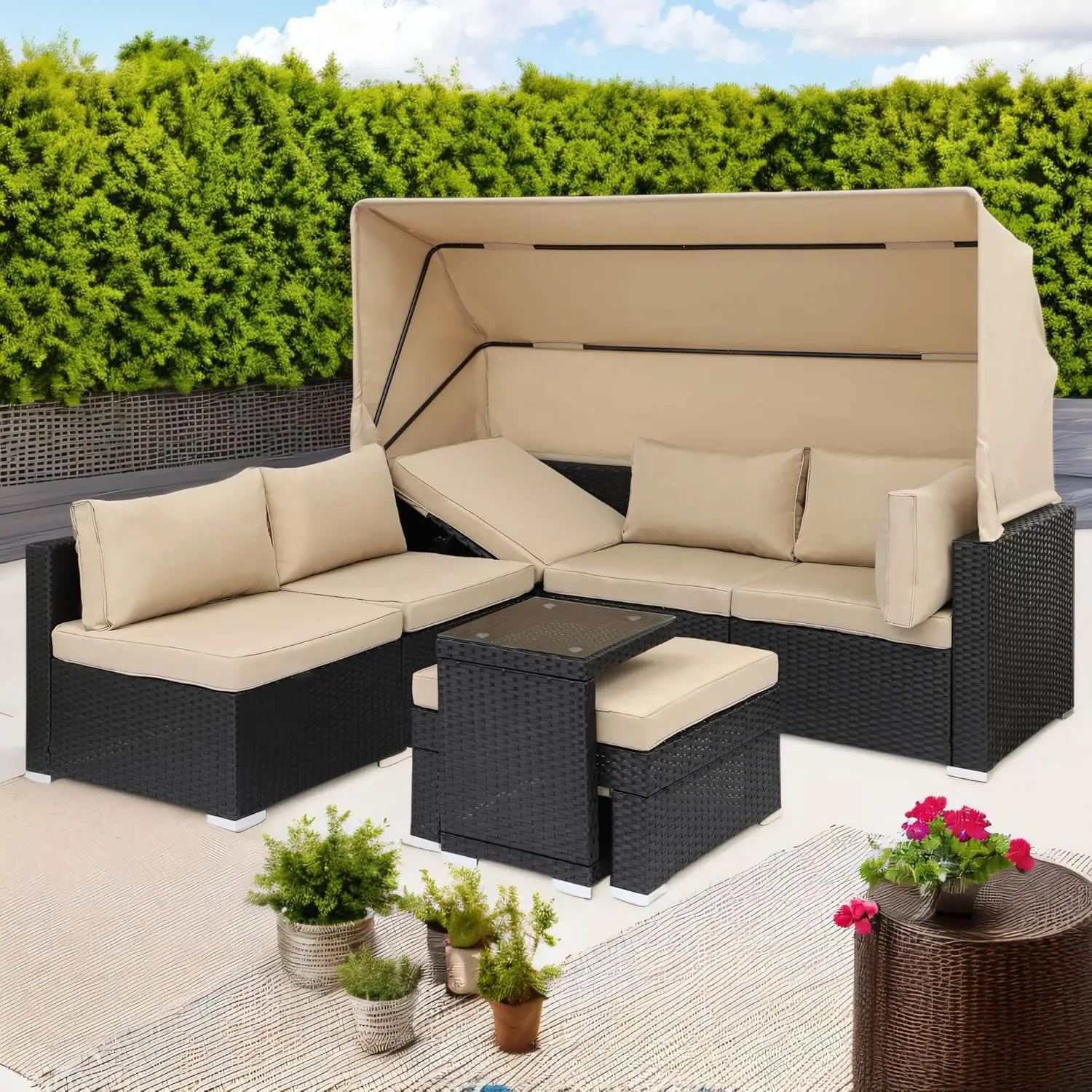 

7 P Patio Furniture Sets Daybed with Retractable Canopy,Outdoor Rattan Sectional Sofa Set,Chairs with Adjustable Backrest