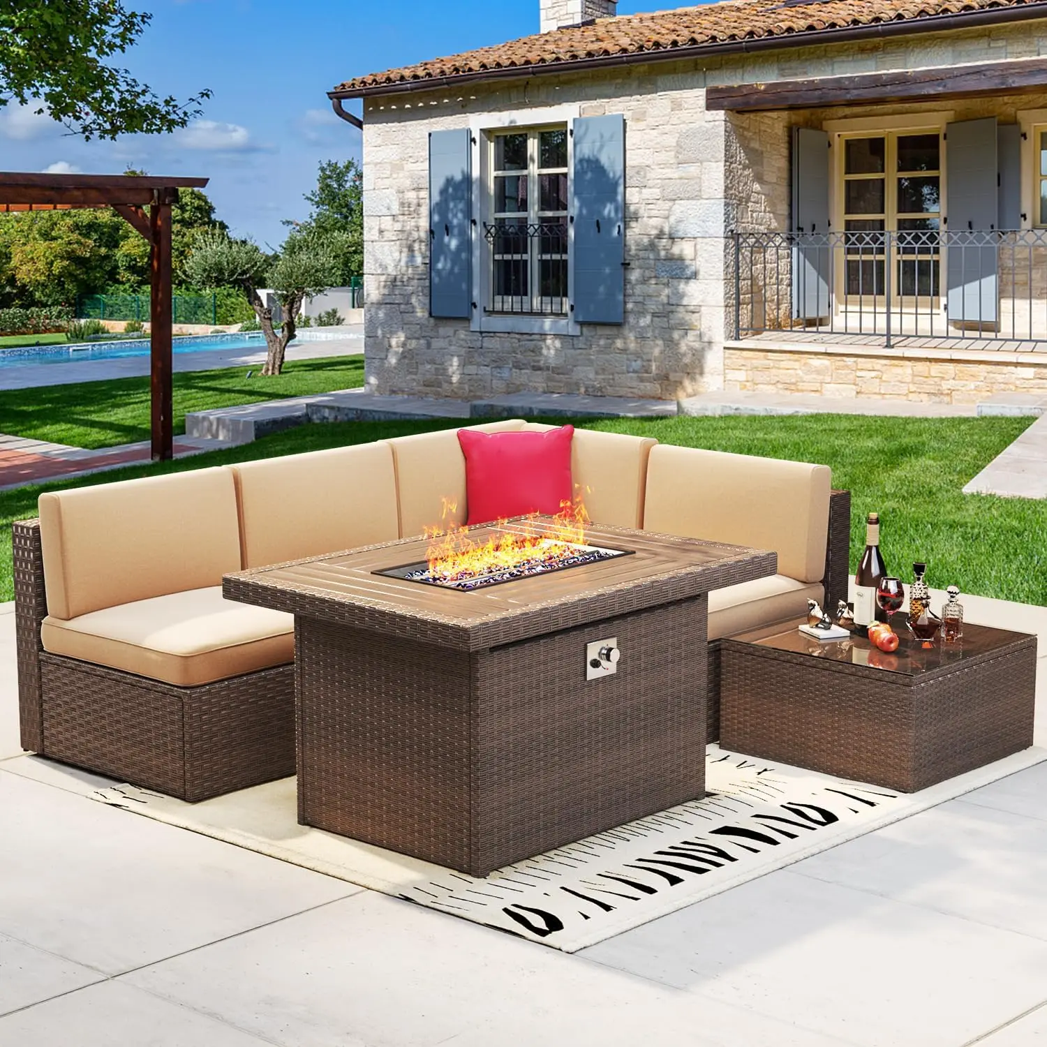 

Patio Furniture Set, Pieces Outdoor Wicker Conversation Set with Propane Fire Pit Table, Patio Sectional Sofas with Seating