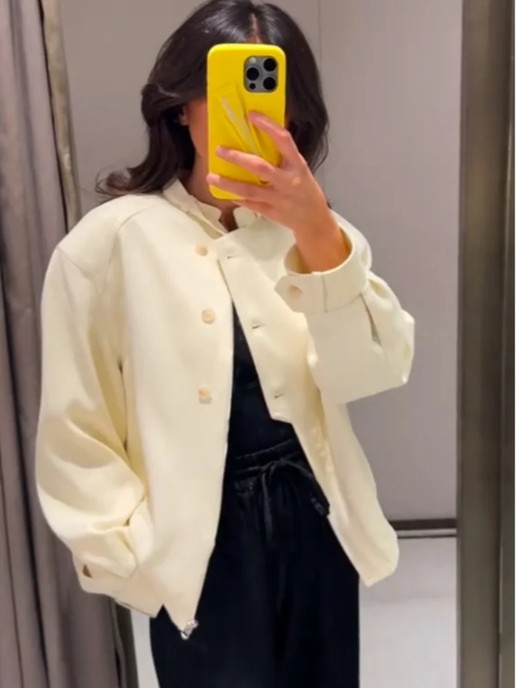 

White Lapel Single Breasted Slim Jacket Women Casual Full Sleeve Pocket Short Coat Lady Autumn New Highstreet Commute Outwear