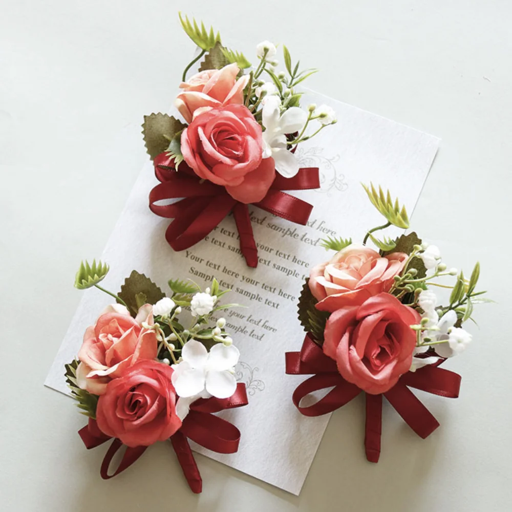 Boutonnières de mariage colorées simples pour marié, épingles à fleurs, bracelet jonc, corsage de mariée, décor de fête, damas d'honneur