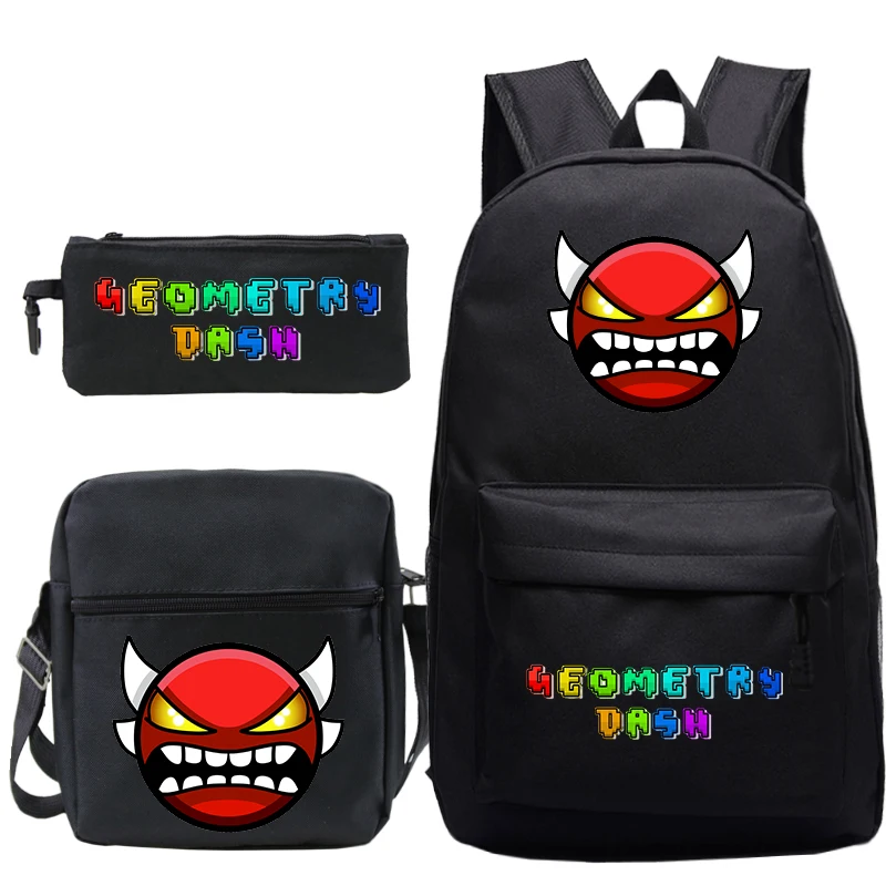 3pcs Set Game Geometry Dash Backpack Kids Causal Schoolbag Lightweight School Backpack Angry Cartoon School Bags for Boys Girls