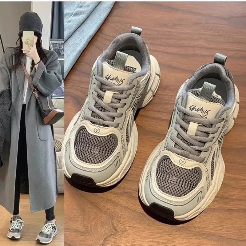 

Женские повседневные массивные кроссовки на платформе, удобные повседневные сетчатые кроссовки на шнуровке для тенниса, прогулок, дышащие модные уличные кроссовки