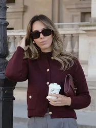 HH Autumn Winter Women Knitted Cardigan Coat Vintage Wine Red Single Breasted Long Sleeve O Neck Sweater With Pockets Tops