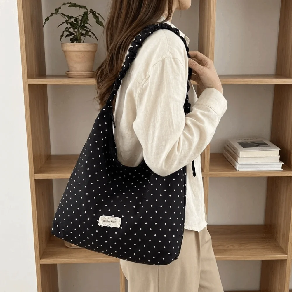 Casual Ruched Handle Polka Dot Shoulder Bag Korean Style Lightweight Tote Bag Hobo Bag Canvas Women Handbag Travel