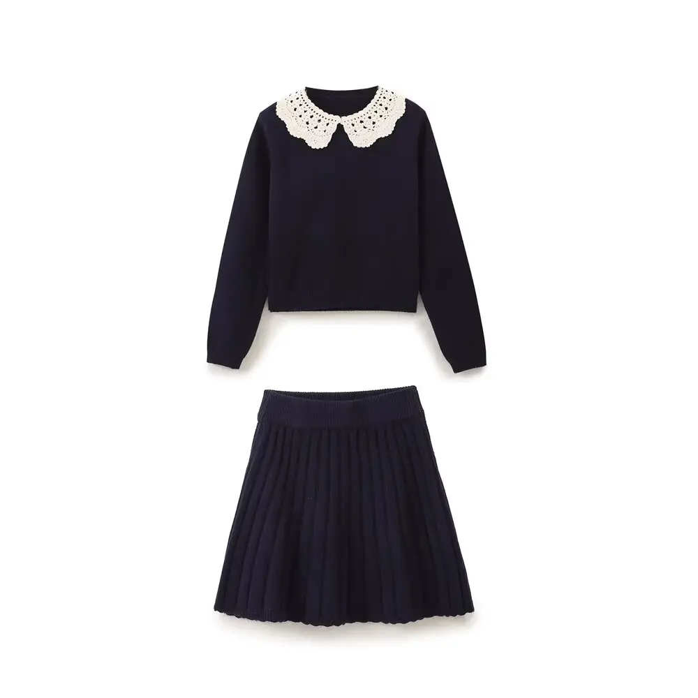 PB & ZA-Women's Contrast Crochet Collar Sweater and Skirt Suit, Retro, Casual Chic Female Set, New Fashion, Autumn, 2024, 2 Pcs image 4