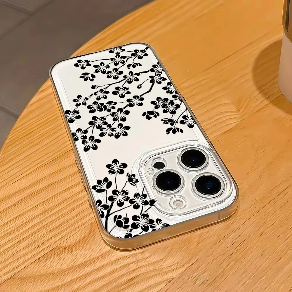 Phone Case For Xiaomi 15 Ultra 15 12T 13T 14T 15T 12 13 14 Pro 17 Pro Max MI 11 Lite Transparent Minimal Ink Black Floral Cover view 5
