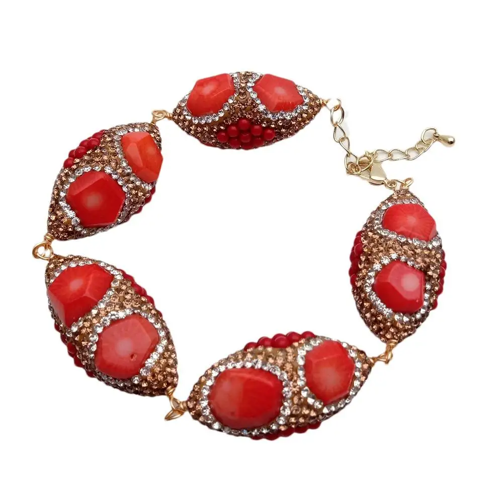 Y.YING Orange Red Coral Golden Crystal Pave Bead Bracelet Fashionable Women