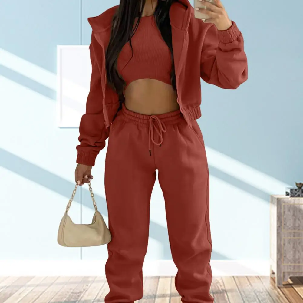 Women Suit Autumn Fashion Solid Color Simple Hooded Long-sleeved Zipper Sweater Sports Casual Pants Three-piece Suit In Waist