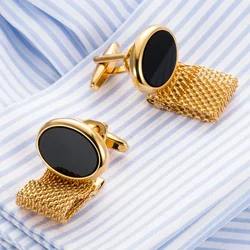 Wide Chain Round Copper Cufflinks for Men's Fashion Crystal Inlaid Metal Button Business Wedding Party Cuff Accessories