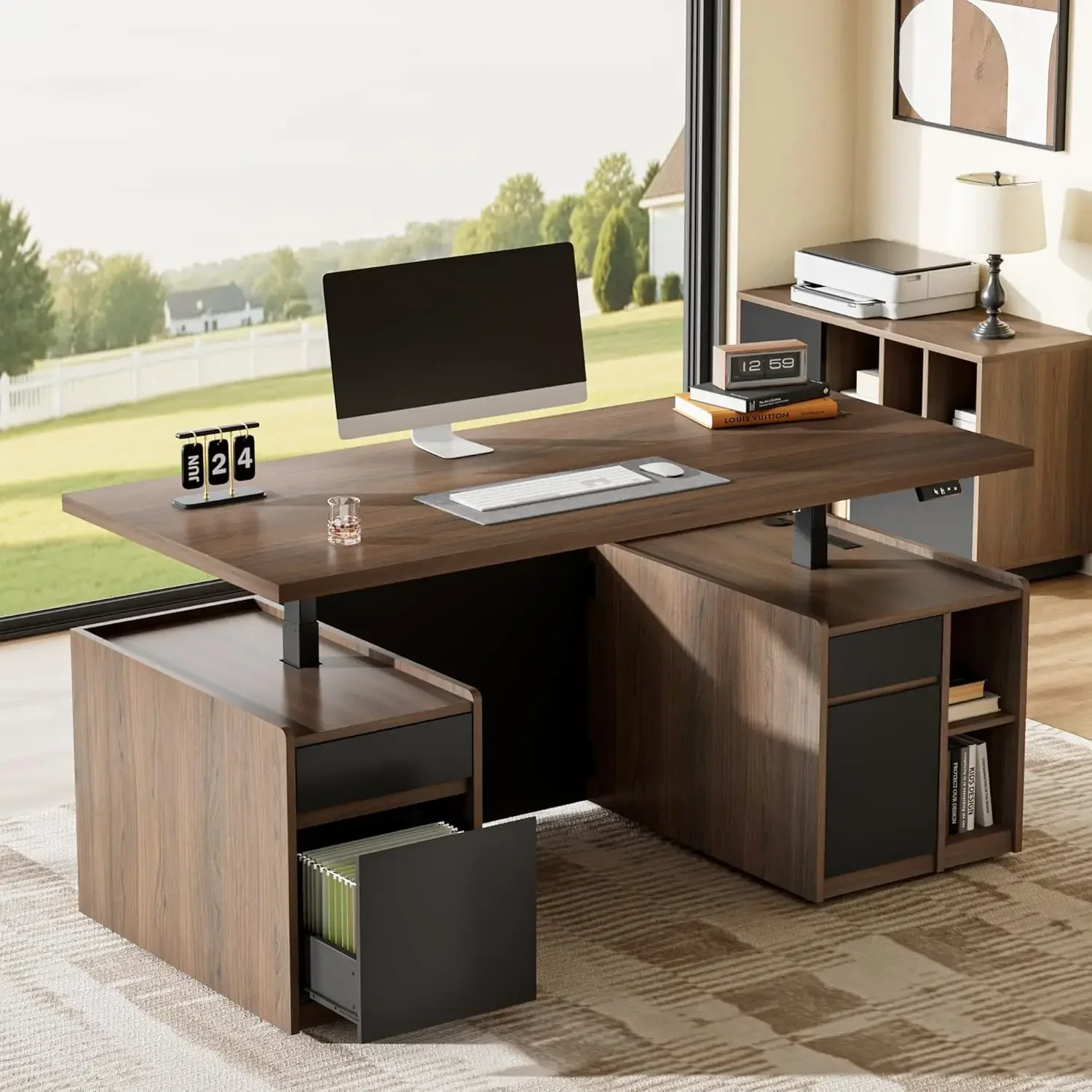 

Executive Standing Desk with drawers & Storage, 70.8'' Adjustable Electric Stand Up Wood Desk with Privacy Panel,, Customized
