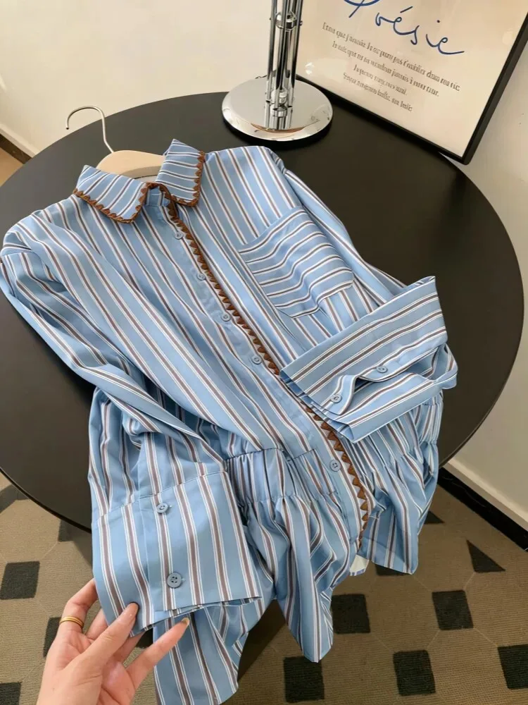 

Women's Blue Striped Blouses And Shirts Y2k Vintage 2000s Aesthetic Elegant Long Sleeve Polo-neck Shirt For Women Clothes Spring