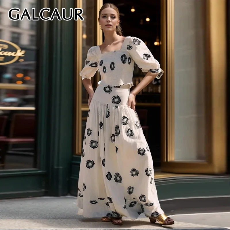 

GALCAUR Hit Color Printing Casual Set Women Square Collar Puff Sleeve Short Tops High Waist A Line Long Skirt Suit Female Autumn