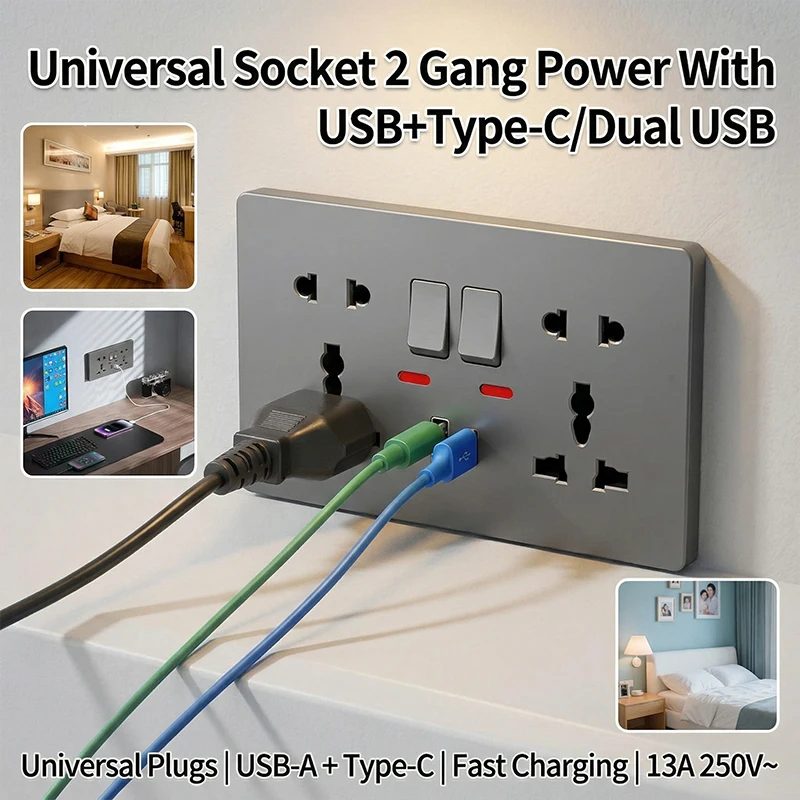 

Universal Wall Socket with USB-C USB Charger & Switches- 2 Gang Power Outlet With LED, Flush Mount, AC 110-250V