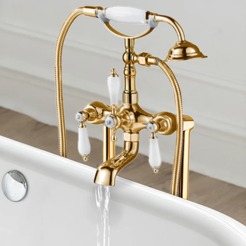 Gold Telephone Style Bathtub Faucet Copper Floor Standing Basthtub Mixer Chrome Bath tub Faucet Mixer Bathtub Basin Water Tap