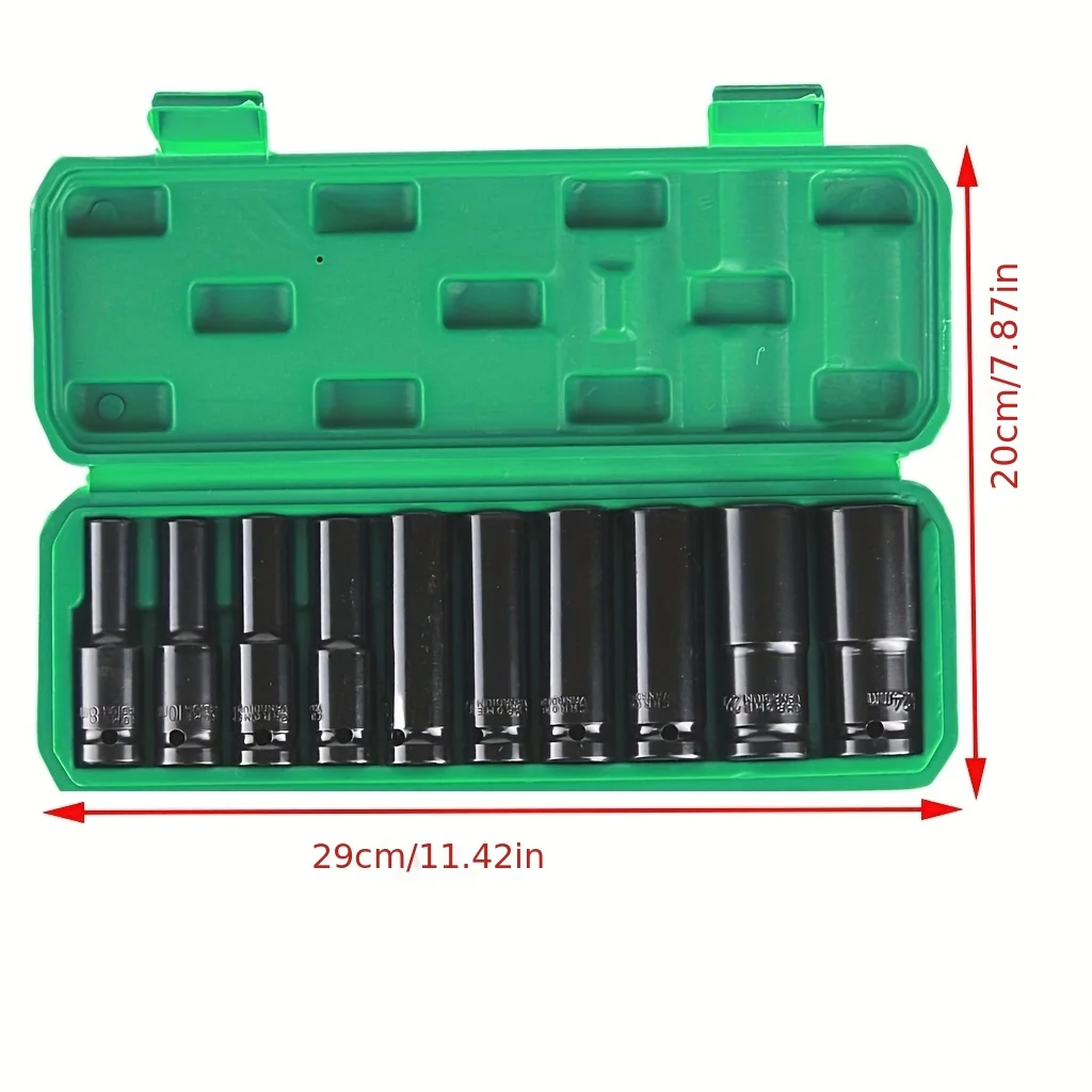 10PCS 1/2 Inch Long Impact Socket Set Black Deep Box Set Tool Set 8mm - 24mm