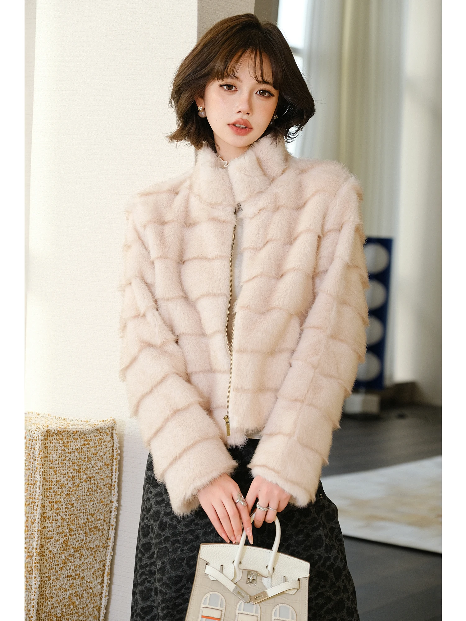 

MIUCO ort Fur Coat Women's Inteated Leather And Fur Simulated Mink ort Coat Stand Collar Eco-friendly Commute Sle