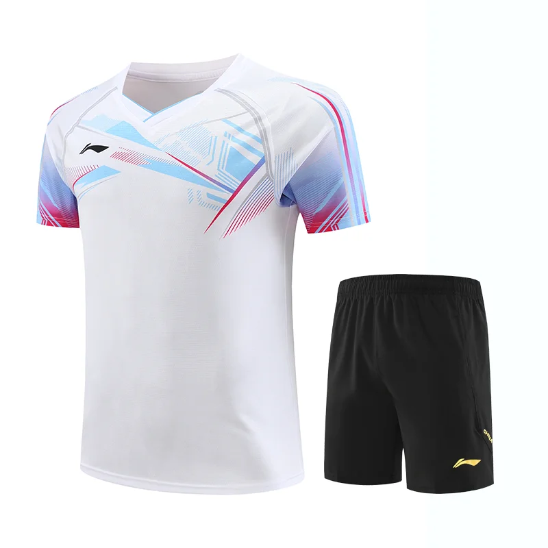 A set of men's and women's badminton T-shirt shorts quick drying breathable table tennis T-shirt collar team custom pattern