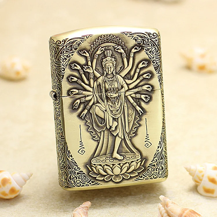 

Genuine Zippo Thousand-hand Bodhisattva oil lighter copper windproof cigarette Kerosene lighters Gift anti-counterfeiting code