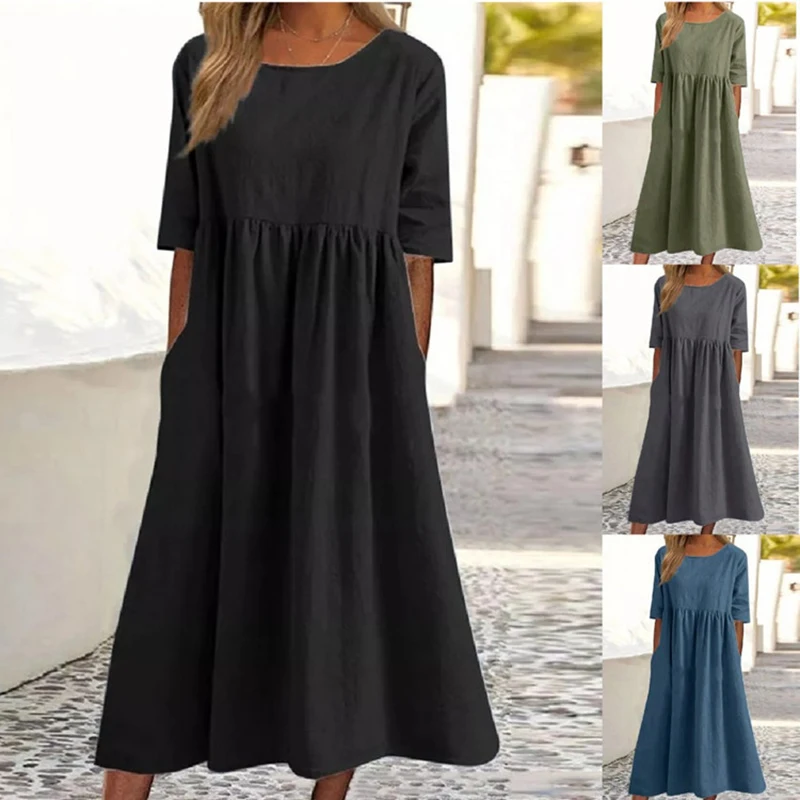 

2023 new Women Cotton Linen Loose Long Maxi Dress Autumn O-Neck Long Lantern Sleeve Solid Oversized Pocket Dresses S-2XL 5XL 4XL